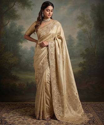 Cream embroidered viscose saree 1