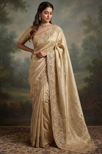 Cream embroidered viscose saree
