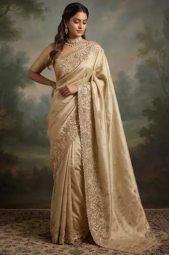 Cream embroidered viscose saree