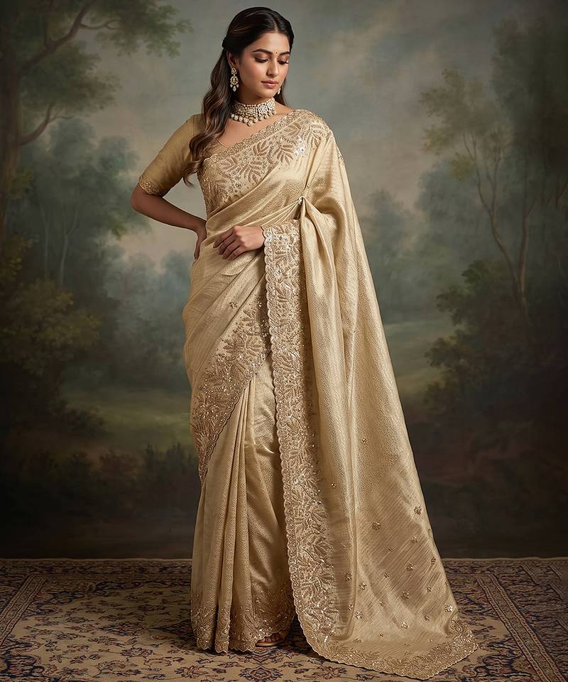Cream embroidered viscose saree