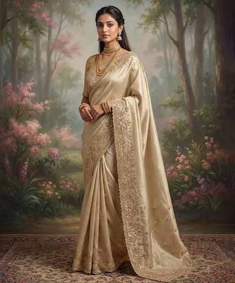 Cream embroidered viscose saree 2