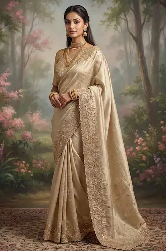 Cream embroidered viscose saree