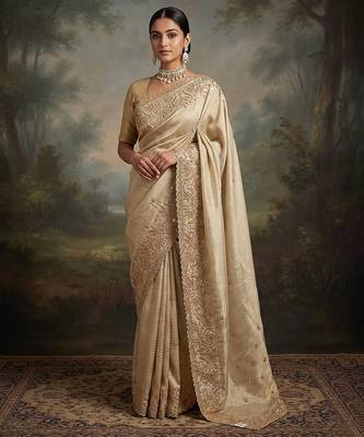 Cream embroidered viscose saree 3