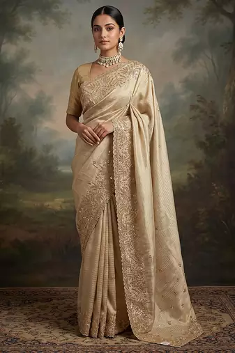 Cream embroidered viscose saree