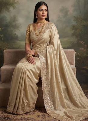 Cream embroidered viscose saree 4