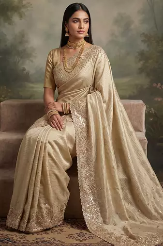 Cream embroidered viscose saree