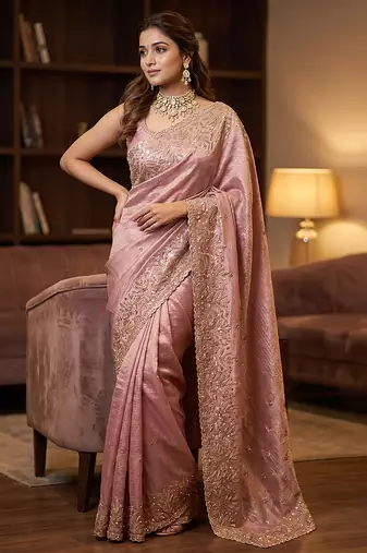 Pink embroidered viscose saree