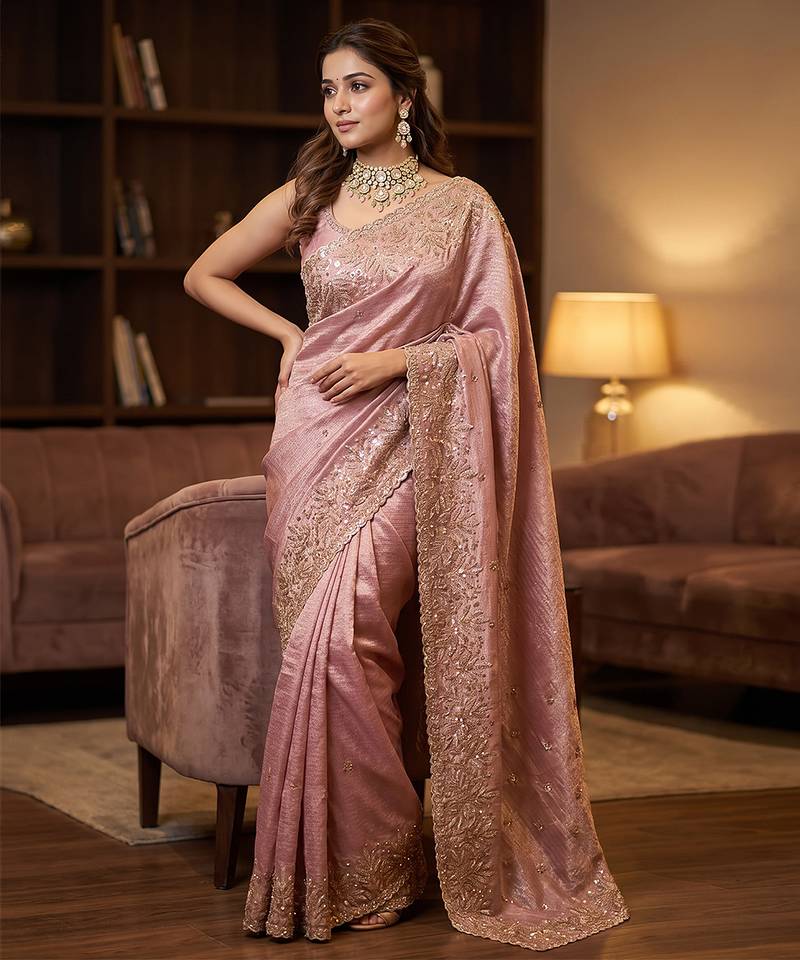 Pink embroidered viscose saree
