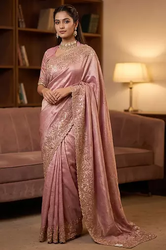 Pink embroidered viscose saree