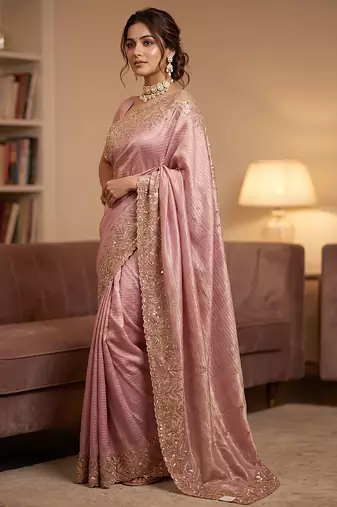 Pink embroidered viscose saree