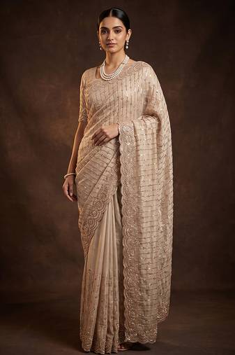 Champagne gold embroidered soft georgette saree