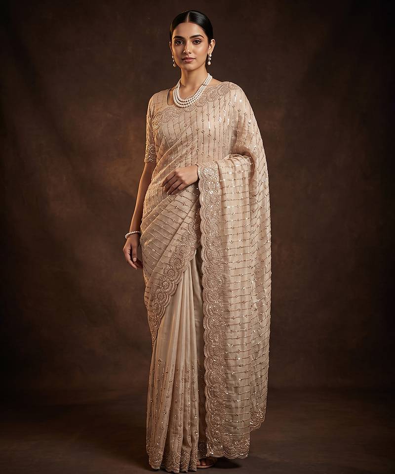 Champagne gold embroidered soft georgette saree