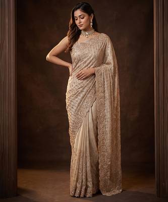 Champagne gold embroidered soft georgette saree 2