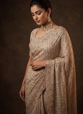 Champagne gold embroidered soft georgette saree 3
