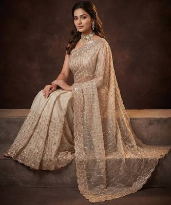 Champagne gold embroidered soft georgette saree 4