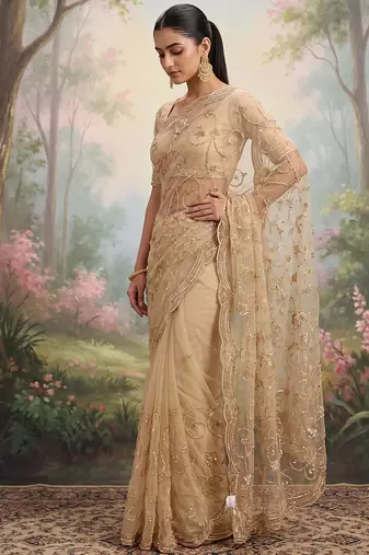 Beige embroidered net saree