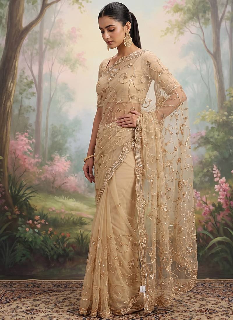 Beige embroidered net saree