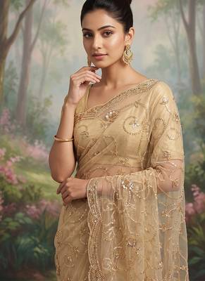 Beige embroidered net saree 3