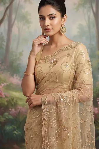 Beige embroidered net saree