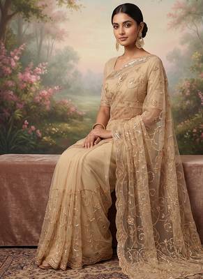 Beige embroidered net saree 4