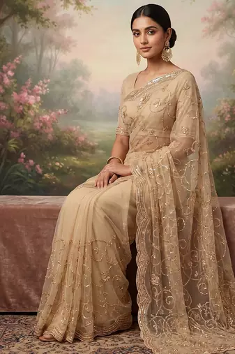 Beige embroidered net saree