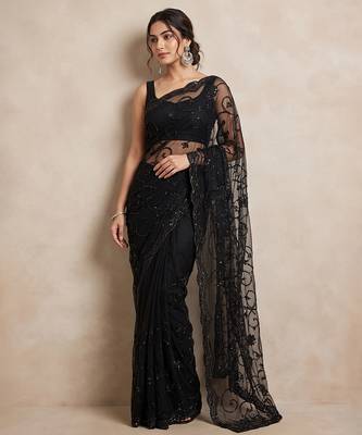 Black embroidered net saree 1