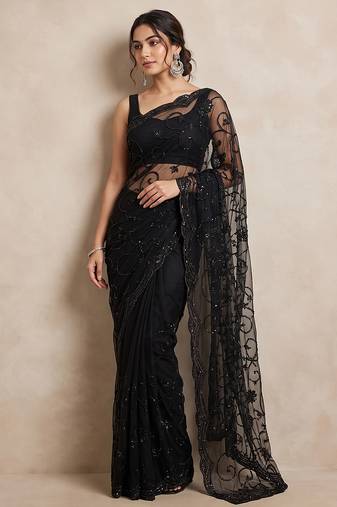 Black embroidered net saree