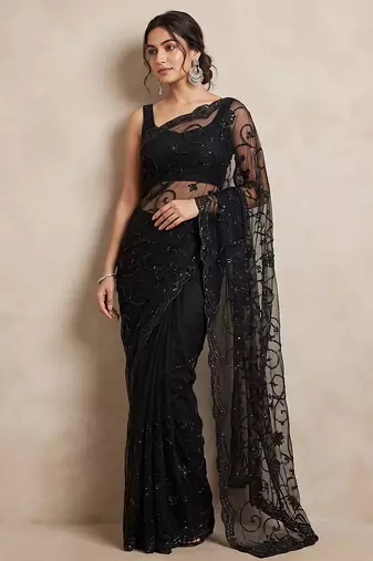 Black embroidered net saree