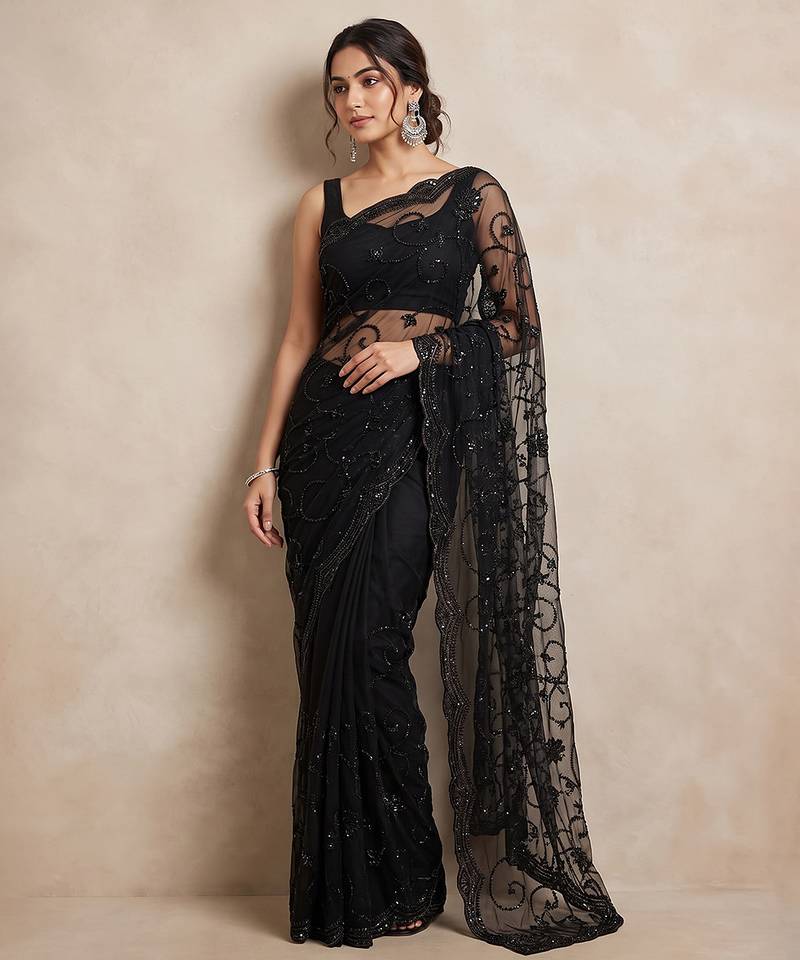 Black embroidered net saree