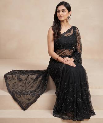 Black embroidered net saree 2