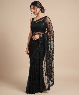 Black embroidered net saree 3