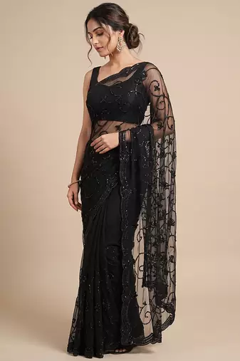 Black embroidered net saree