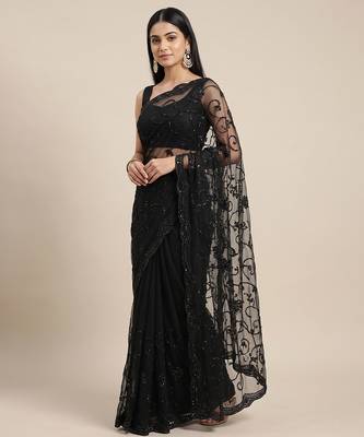 Black embroidered net saree 4