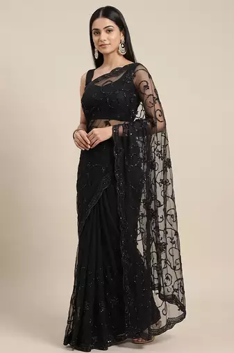 Black embroidered net saree