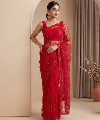 Red embroidered net saree 1