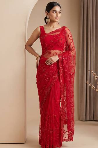 Red embroidered net saree