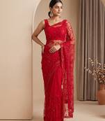 Red embroidered net saree
