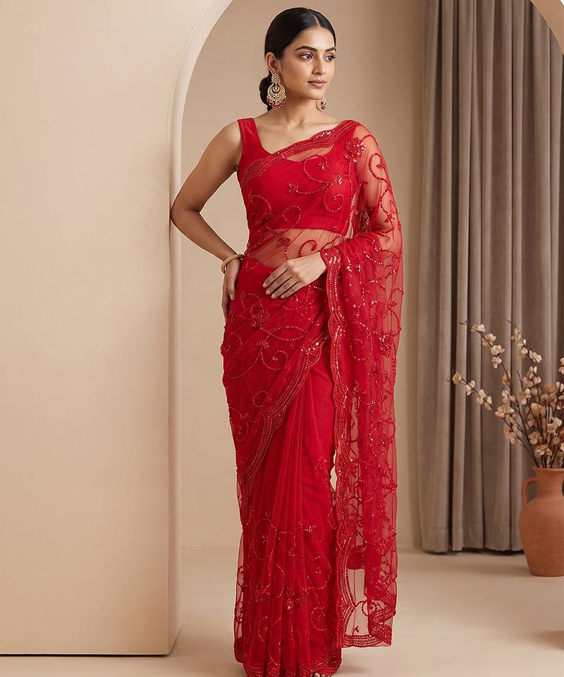 Red embroidered net saree
