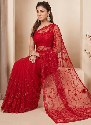 Red embroidered net saree 2