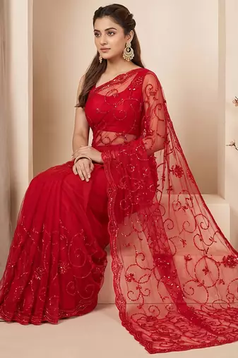 Red embroidered net saree
