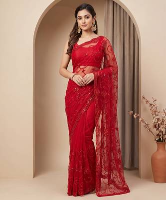Red embroidered net saree 3