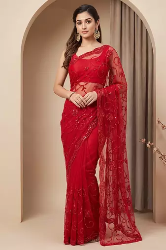 Red embroidered net saree