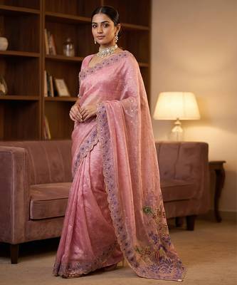 Pink embroidered butti salsa nylon saree 1