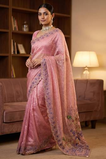 Pink embroidered butti salsa nylon saree
