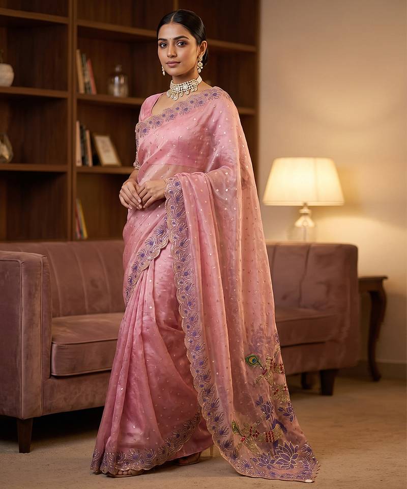 Pink embroidered butti salsa nylon saree
