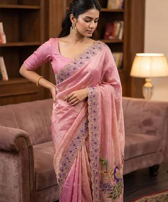 Pink embroidered butti salsa nylon saree 2
