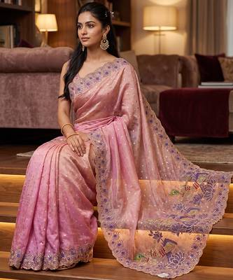 Pink embroidered butti salsa nylon saree 3