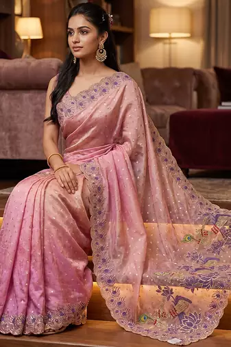Pink embroidered butti salsa nylon saree