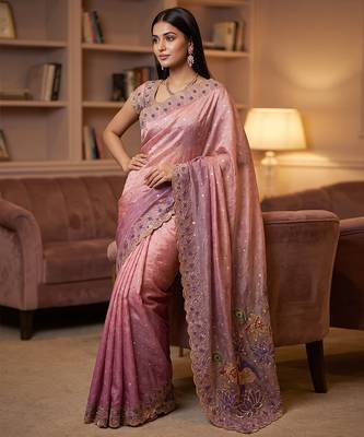 Pink embroidered butti salsa nylon saree 4