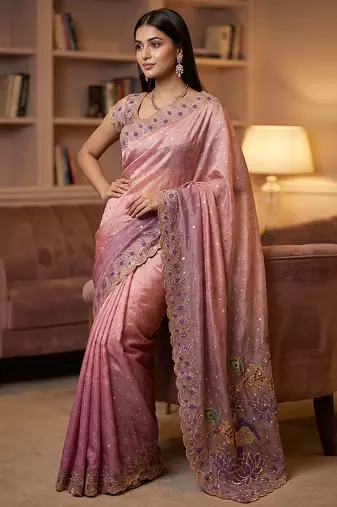 Pink embroidered butti salsa nylon saree